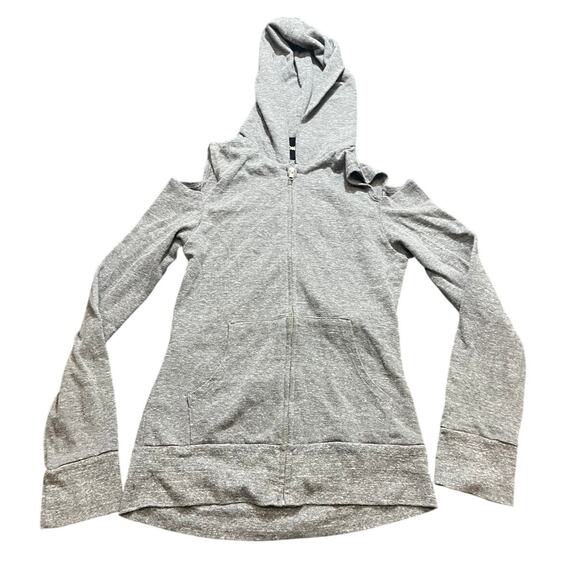 Monrow Womens XS Cold Shoulder Hooded Sweatshirt Heather Grey Soft Pullover - Picture 1 of 8